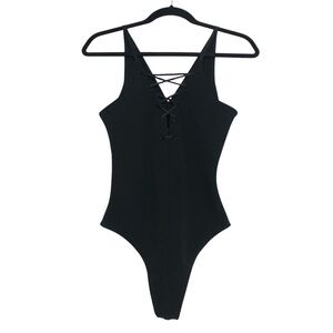 Express Y2K Witchy Black Lace Up V Neck Sleeveless Bodysuit Womens Size S Goth